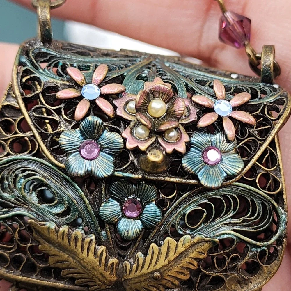 Sweet Romance USA Floral Purse Pendant Necklace Crystal Bead Fringe Victorian